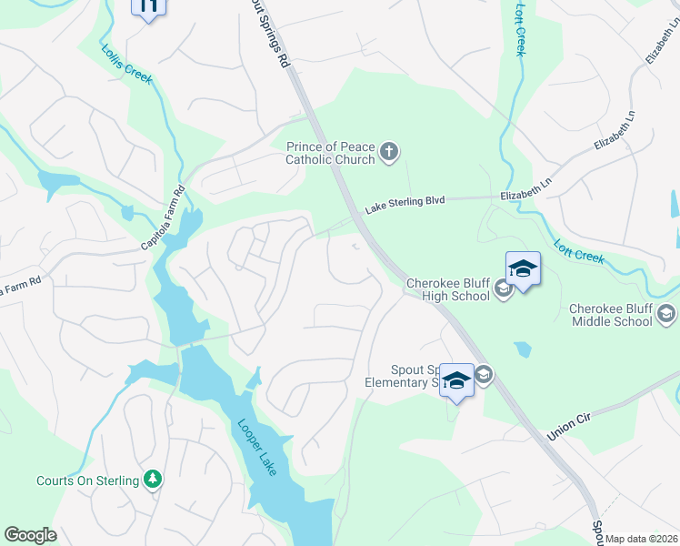 map of restaurants, bars, coffee shops, grocery stores, and more near 6754 Blue Heron Way in Flowery Branch