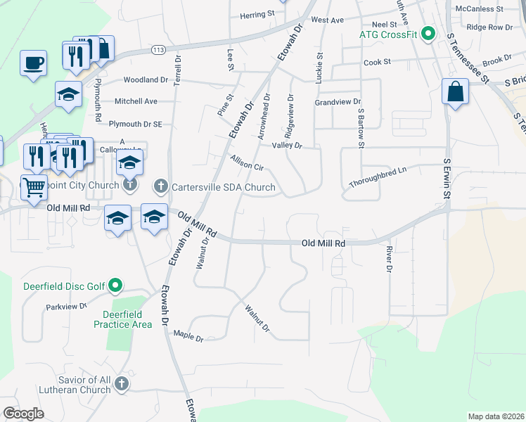 map of restaurants, bars, coffee shops, grocery stores, and more near 5 Brickshire Court in Cartersville
