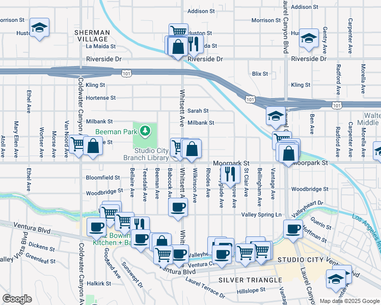 map of restaurants, bars, coffee shops, grocery stores, and more near 12442 Rye Street in Los Angeles