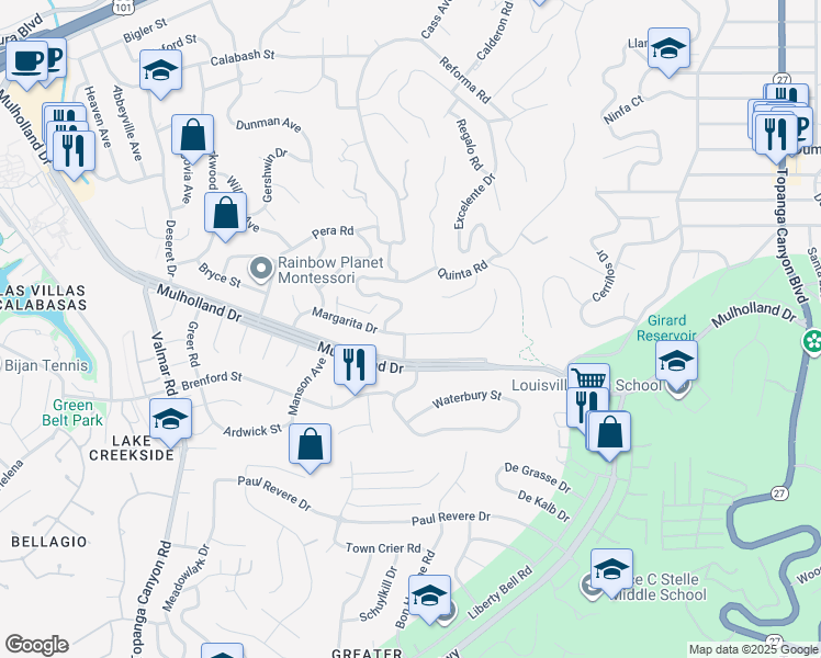 map of restaurants, bars, coffee shops, grocery stores, and more near 22663 Margarita Drive in Los Angeles