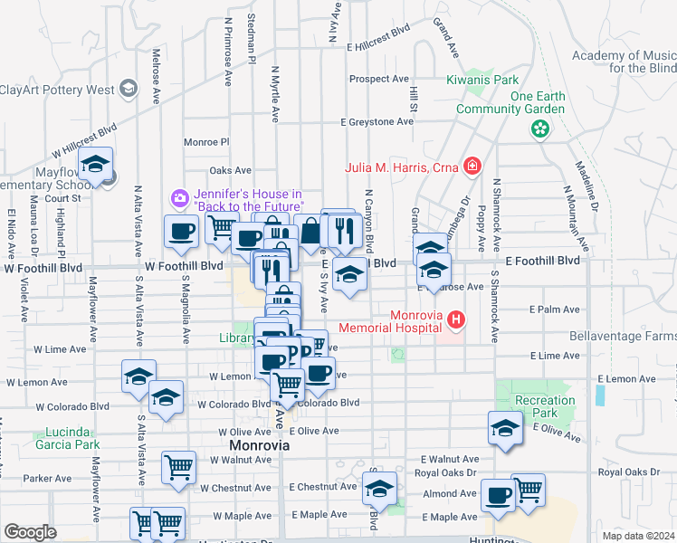 map of restaurants, bars, coffee shops, grocery stores, and more near 216 East Foothill Boulevard in Monrovia