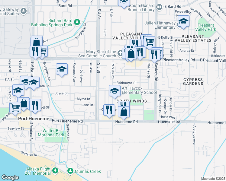 map of restaurants, bars, coffee shops, grocery stores, and more near 5400 Perkins Road in Oxnard