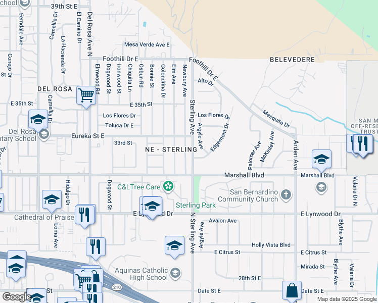 map of restaurants, bars, coffee shops, grocery stores, and more near 5655 Newbury Avenue in San Bernardino