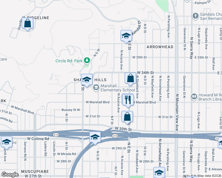 map of restaurants, bars, coffee shops, grocery stores, and more near 3256 North F Street in San Bernardino