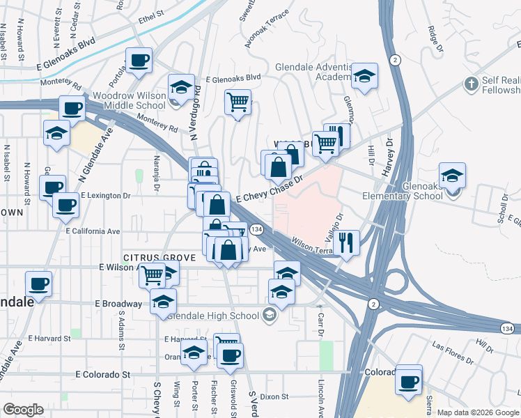 map of restaurants, bars, coffee shops, grocery stores, and more near 1455 East California Avenue in Glendale