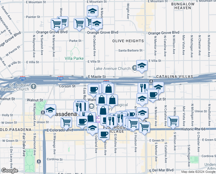 map of restaurants, bars, coffee shops, grocery stores, and more near 290 North Madison Avenue in Pasadena