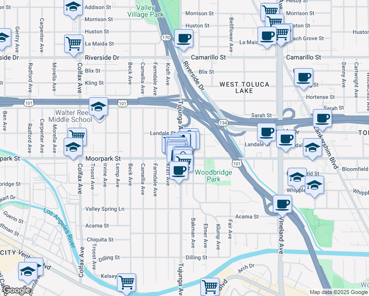 map of restaurants, bars, coffee shops, grocery stores, and more near 4424 Tujunga Avenue in Los Angeles