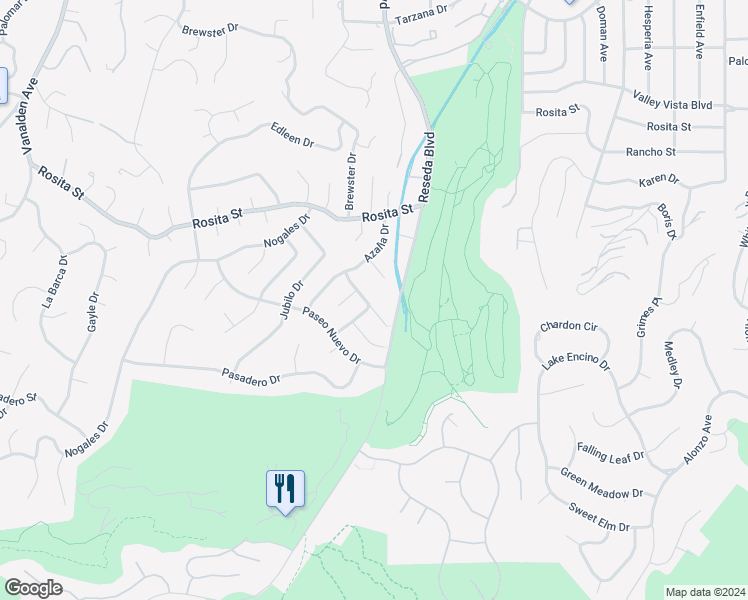 map of restaurants, bars, coffee shops, grocery stores, and more near 18623 Palomino Drive in Los Angeles