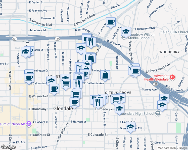 map of restaurants, bars, coffee shops, grocery stores, and more near 330 North Cedar Street in Glendale