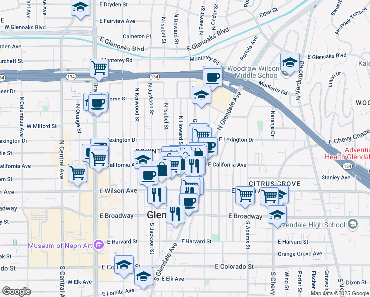 map of restaurants, bars, coffee shops, grocery stores, and more near 330 North Howard Street in Glendale