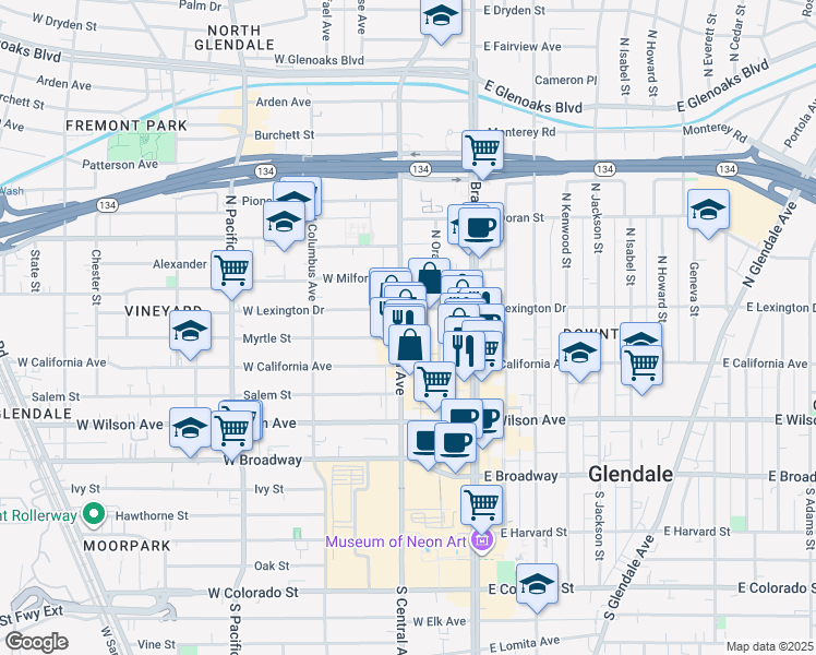 map of restaurants, bars, coffee shops, grocery stores, and more near 315 North Orange Street in Glendale