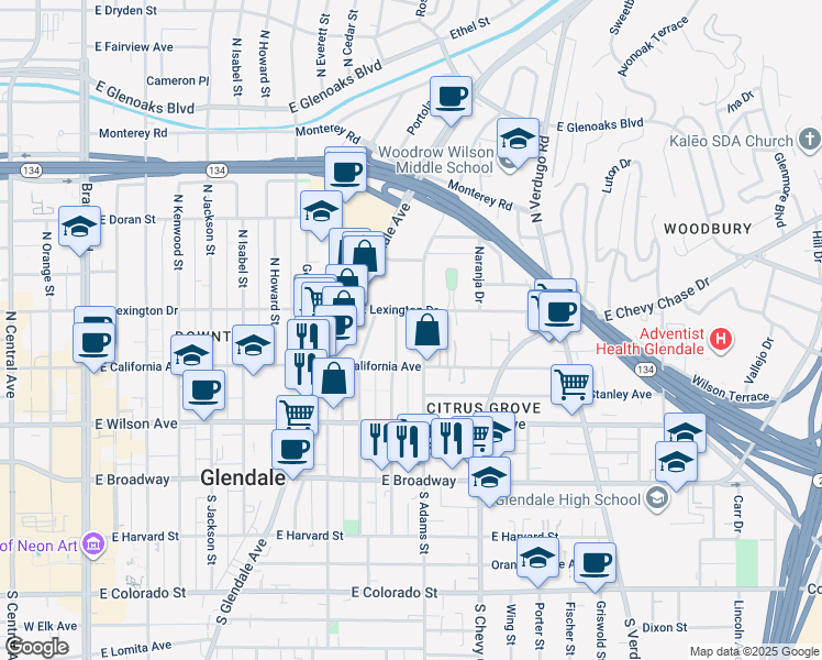 map of restaurants, bars, coffee shops, grocery stores, and more near 335 North Adams Street in Glendale