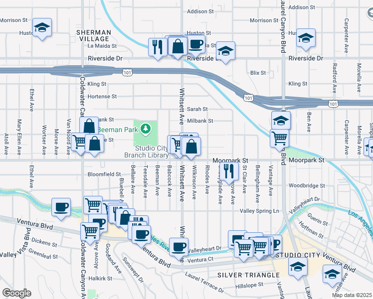 map of restaurants, bars, coffee shops, grocery stores, and more near 4424 Whitsett Avenue in Los Angeles