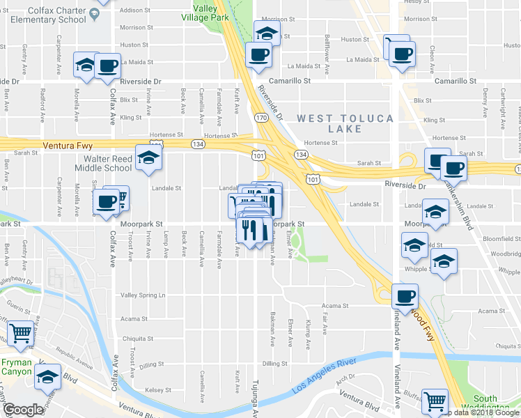 map of restaurants, bars, coffee shops, grocery stores, and more near 4424 Tujunga Avenue in Los Angeles