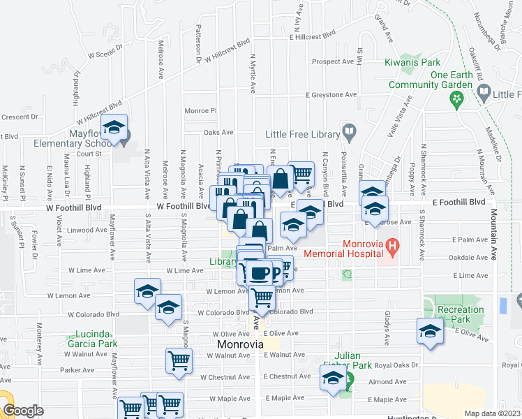 map of restaurants, bars, coffee shops, grocery stores, and more near in Monrovia