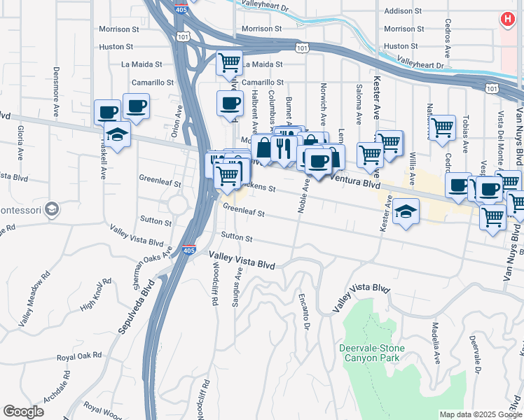 map of restaurants, bars, coffee shops, grocery stores, and more near 15148 Greenleaf Street in Los Angeles