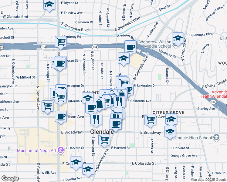 map of restaurants, bars, coffee shops, grocery stores, and more near 330 North Howard Street in Glendale