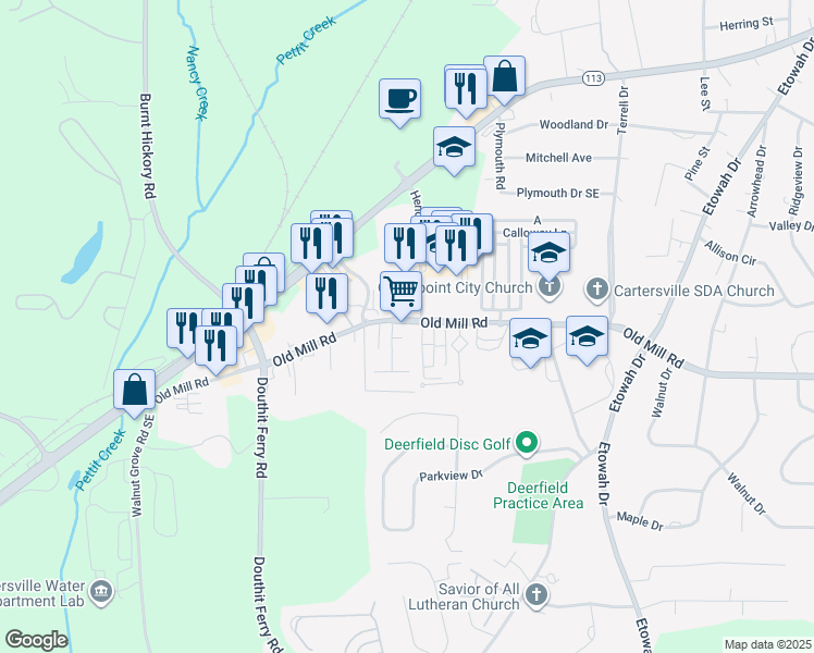 map of restaurants, bars, coffee shops, grocery stores, and more near 376 Old Mill Road in Cartersville