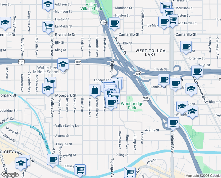map of restaurants, bars, coffee shops, grocery stores, and more near 4429 Tujunga Avenue in Los Angeles