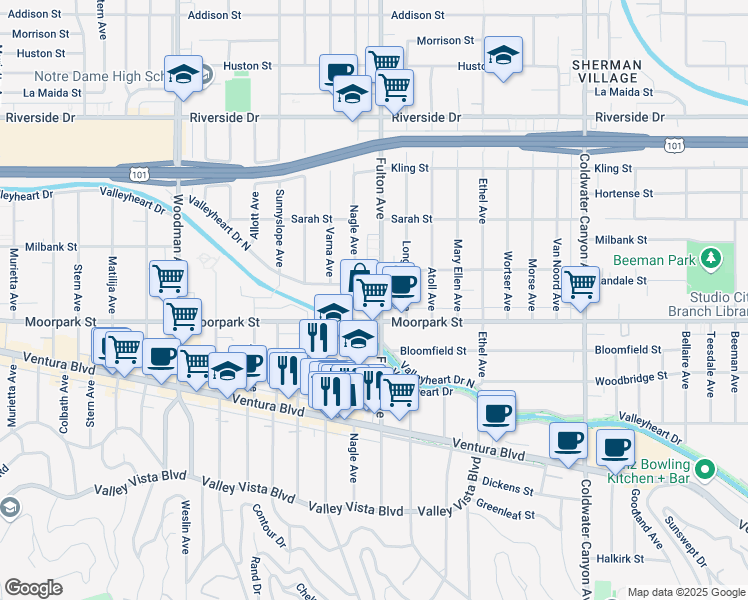 map of restaurants, bars, coffee shops, grocery stores, and more near 4419 Fulton Avenue in Los Angeles