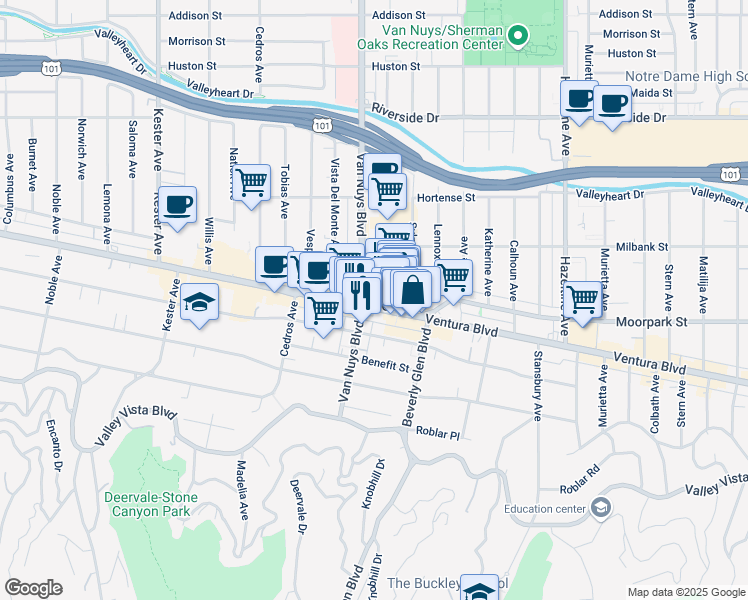 map of restaurants, bars, coffee shops, grocery stores, and more near 14446 Ventura Boulevard in Los Angeles