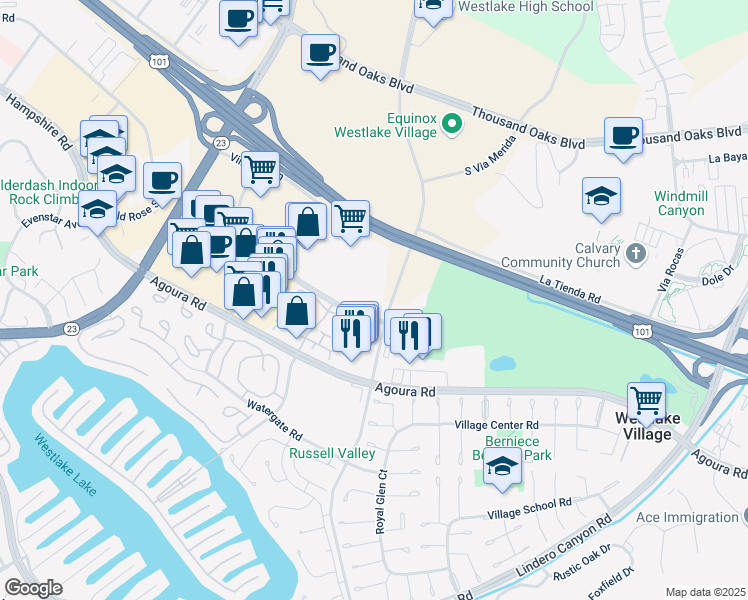 map of restaurants, bars, coffee shops, grocery stores, and more near 3101 Townsgate Road in Thousand Oaks