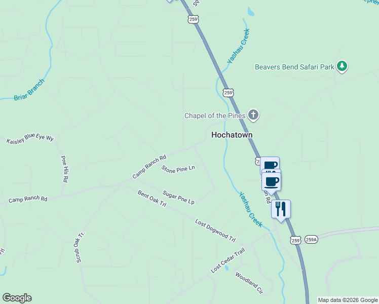 map of restaurants, bars, coffee shops, grocery stores, and more near 136 Stone Pine Lane in Broken Bow