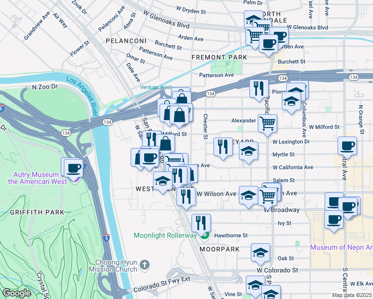 map of restaurants, bars, coffee shops, grocery stores, and more near 749 West California Avenue in Glendale