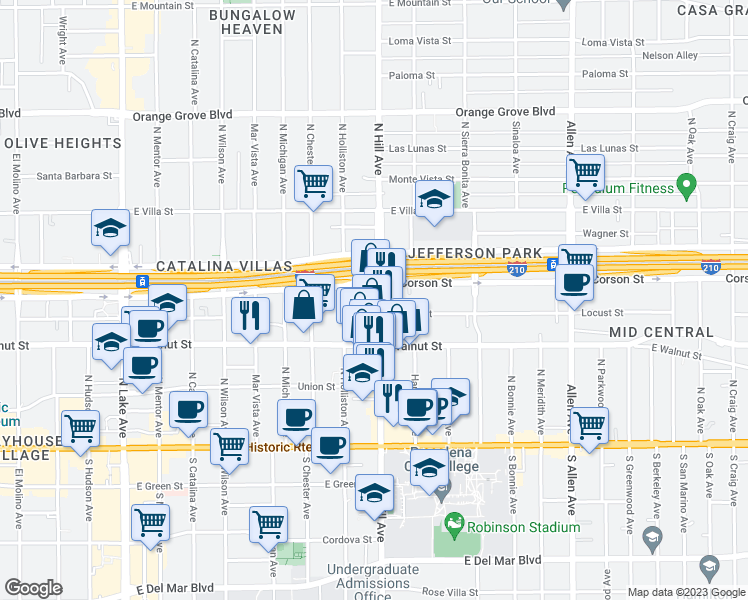 map of restaurants, bars, coffee shops, grocery stores, and more near 293 North Hill Avenue in Pasadena