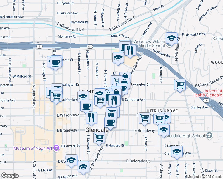 map of restaurants, bars, coffee shops, grocery stores, and more near 515 North Howard Street in Glendale