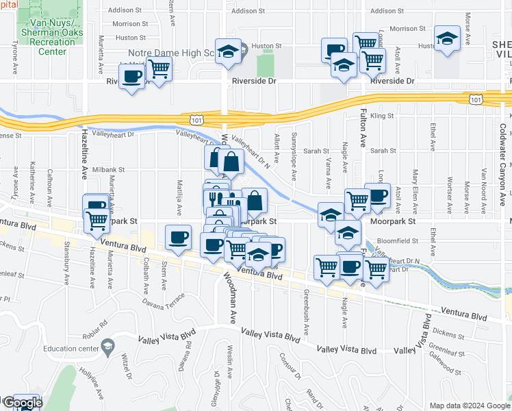 map of restaurants, bars, coffee shops, grocery stores, and more near 4426 Ventura Canyon Avenue in Los Angeles