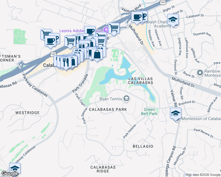 map of restaurants, bars, coffee shops, grocery stores, and more near 4508 Park Serena in Calabasas