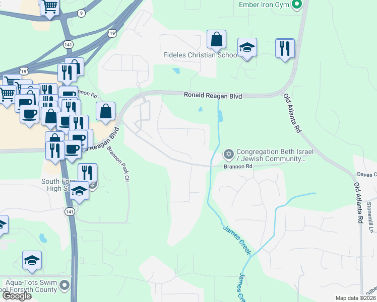 map of restaurants, bars, coffee shops, grocery stores, and more near 3050 Annapolis Way in Cumming