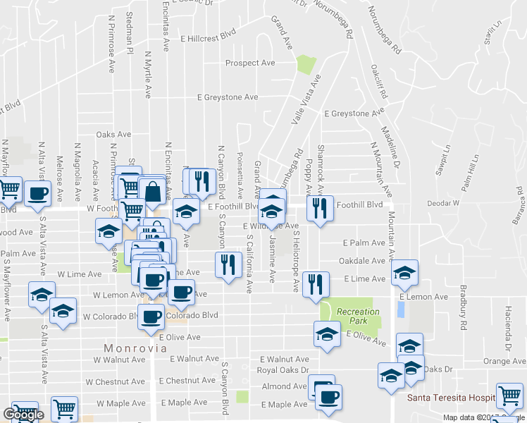 map of restaurants, bars, coffee shops, grocery stores, and more near 420 East Foothill Boulevard in Monrovia