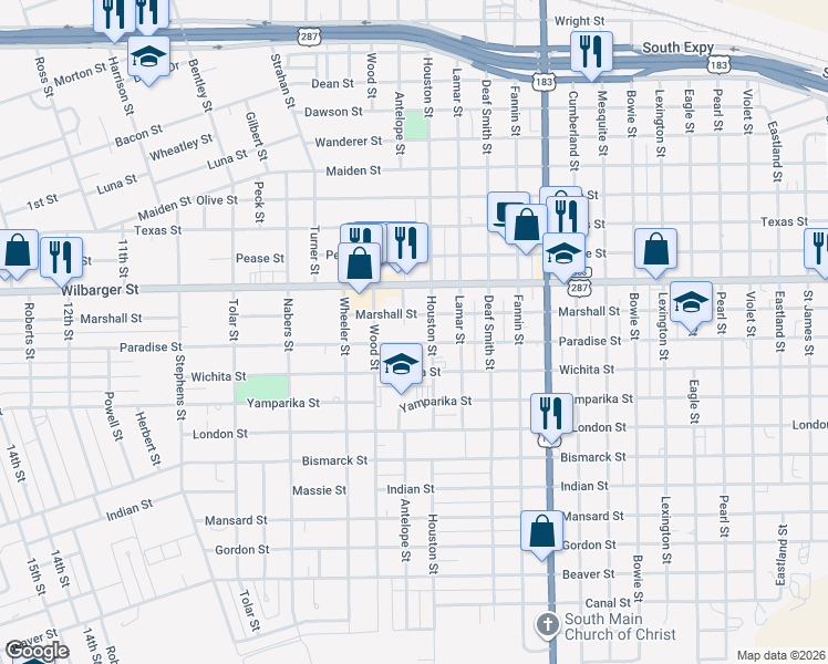 map of restaurants, bars, coffee shops, grocery stores, and more near 2201-2299 Paradise Street in Vernon