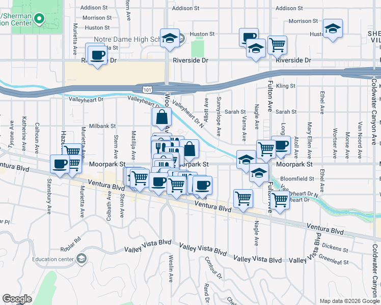 map of restaurants, bars, coffee shops, grocery stores, and more near 4426 Ventura Canyon Avenue in Los Angeles