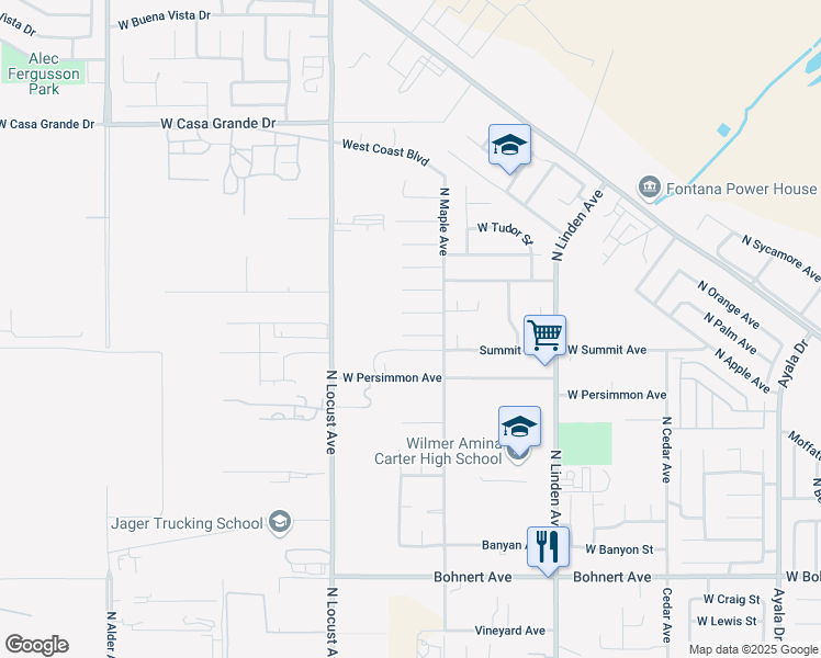 map of restaurants, bars, coffee shops, grocery stores, and more near 1747 West Summit Avenue in Rialto