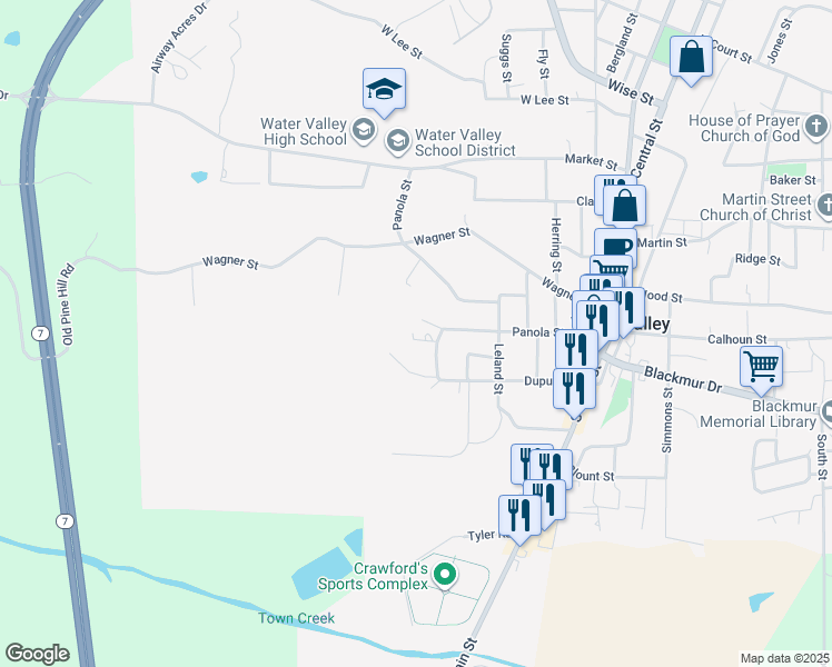 map of restaurants, bars, coffee shops, grocery stores, and more near Hazel Drive in Water Valley