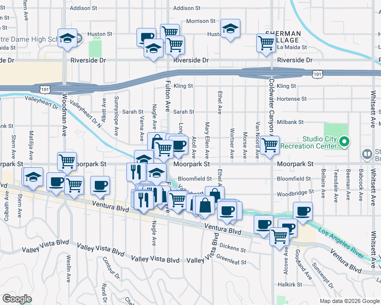 map of restaurants, bars, coffee shops, grocery stores, and more near 4425 Atoll Avenue in Los Angeles
