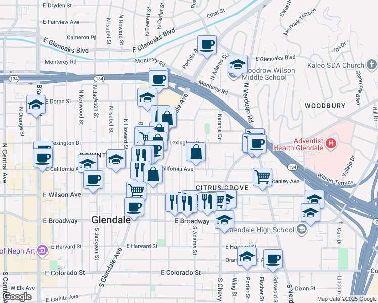 map of restaurants, bars, coffee shops, grocery stores, and more near 315 North Adams Street in Glendale