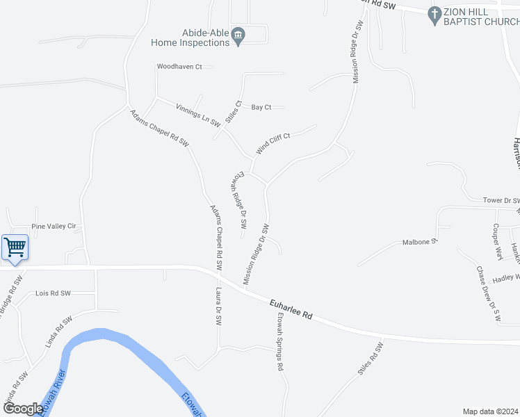map of restaurants, bars, coffee shops, grocery stores, and more near 74 Mission Ridge Drive Southwest in Cartersville