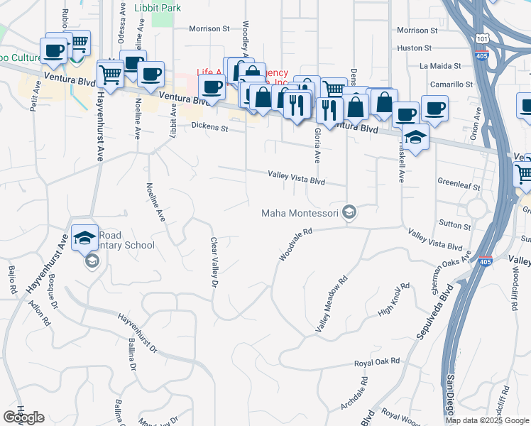 map of restaurants, bars, coffee shops, grocery stores, and more near 4418 Woodley Avenue in Los Angeles