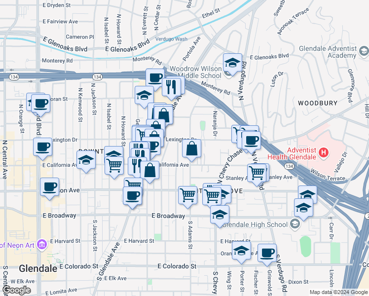 map of restaurants, bars, coffee shops, grocery stores, and more near 335 North Adams Street in Glendale