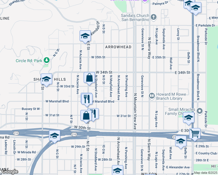 map of restaurants, bars, coffee shops, grocery stores, and more near 3262 North Mayfield Avenue in San Bernardino
