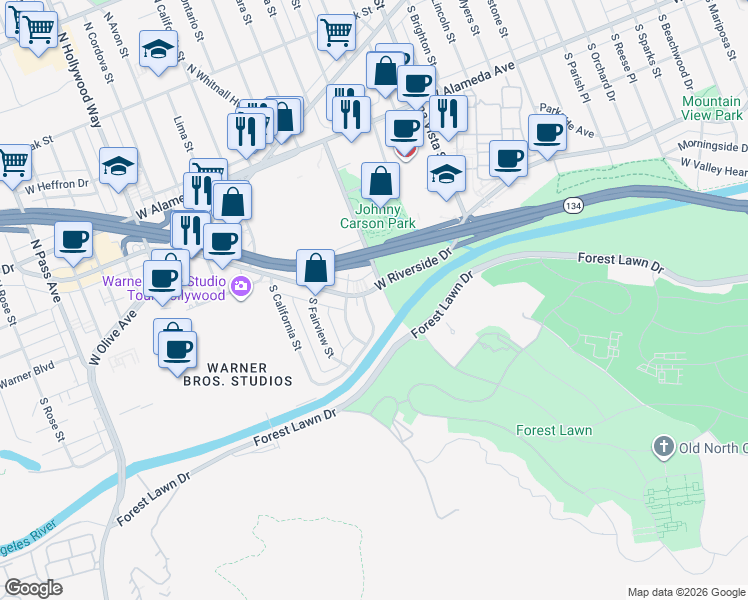 map of restaurants, bars, coffee shops, grocery stores, and more near 523 South Gaylord Drive in Burbank