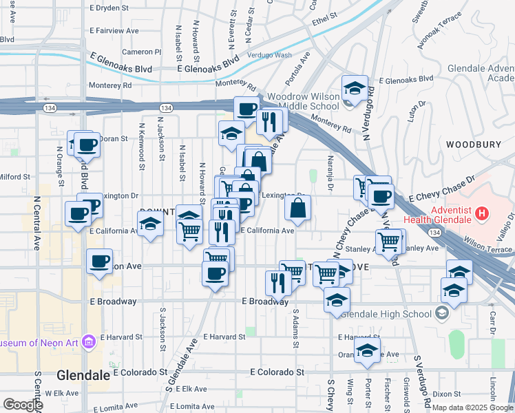map of restaurants, bars, coffee shops, grocery stores, and more near 335 North Cedar Street in Glendale