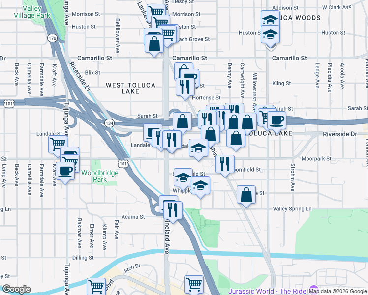 map of restaurants, bars, coffee shops, grocery stores, and more near 10945 Moorpark Street in Los Angeles