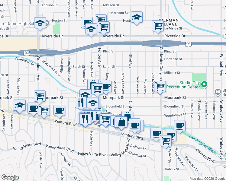 map of restaurants, bars, coffee shops, grocery stores, and more near 4425 Atoll Avenue in Los Angeles