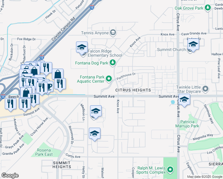 map of restaurants, bars, coffee shops, grocery stores, and more near 15723 Parkhouse Drive in Fontana