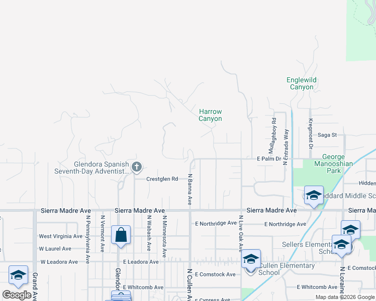 map of restaurants, bars, coffee shops, grocery stores, and more near 845 North Banna Avenue in Glendora